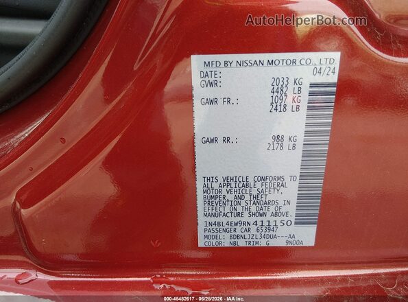 1N4BL4EW9RN411150 2024 NISSAN ALTIMA Red Vista del compartimento del motor