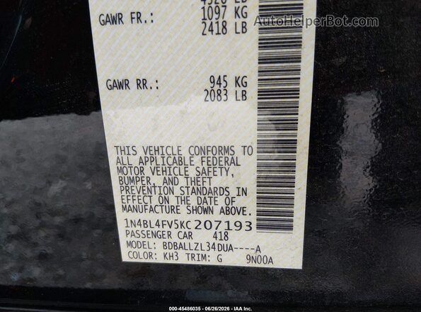 1N4BL4FV5KC207193 2019 NISSAN ALTIMA Black Vista del compartimento del motor