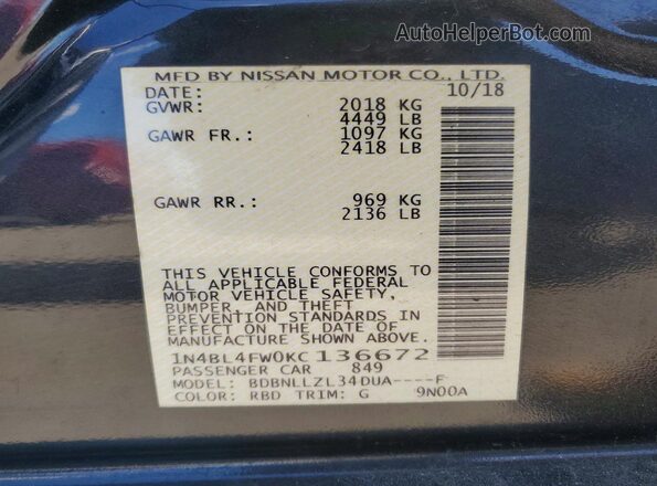 1N4BL4FW0KC136672 2019 NISSAN ALTIMA Charcoal ძრავის განყოფილების ხედი
