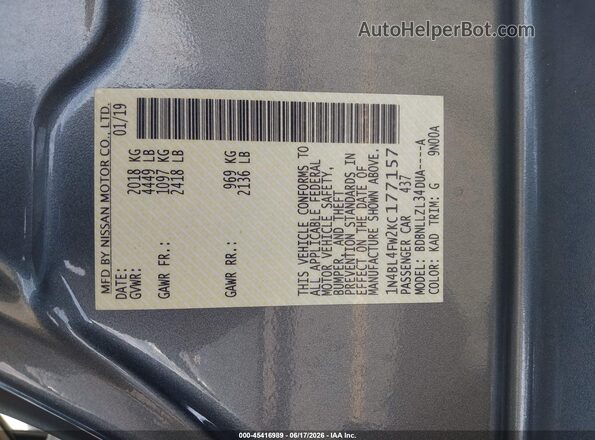 1N4BL4FW2KC177157 2019 NISSAN ALTIMA Gray Vista del compartimento del motor