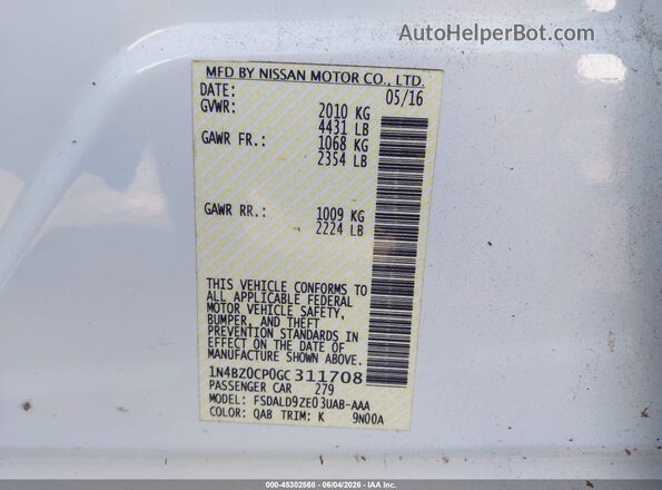 1N4BZ0CP0GC311708 2016 NISSAN LEAF White Widok komory silnika