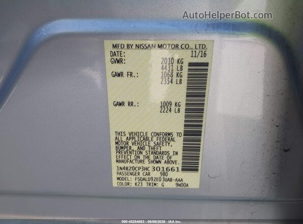 1N4BZ0CP3HC301661 2017 NISSAN LEAF Серый 