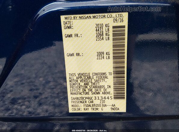 1N4BZ0CP4GC313445 2016 NISSAN LEAF Blue Widok komory silnika