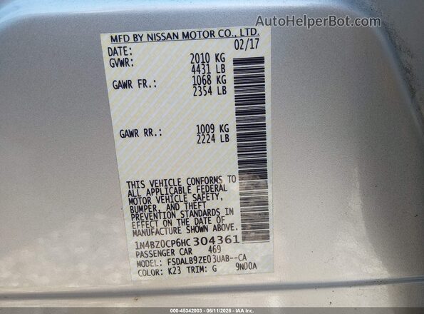 1N4BZ0CP6HC304361 2017 NISSAN LEAF Silver Vista del compartimento del motor