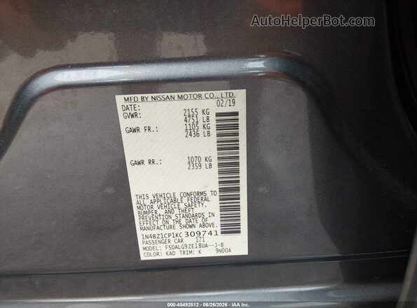 1N4BZ1CP1KC309741 2019 NISSAN LEAF Gray Շարժիչի բաժամունքի տեսք