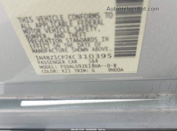 1N4BZ1CP2KC310395 2019 NISSAN LEAF Silver Vista del compartimento del motor