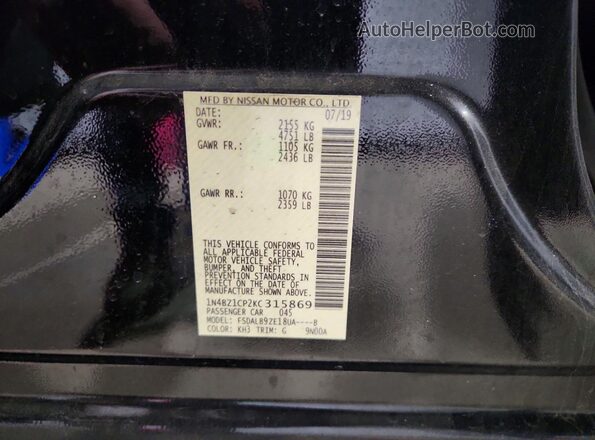 1N4BZ1CP2KC315869 2019 NISSAN LEAF Black Вид наклейки з VIN-кодом