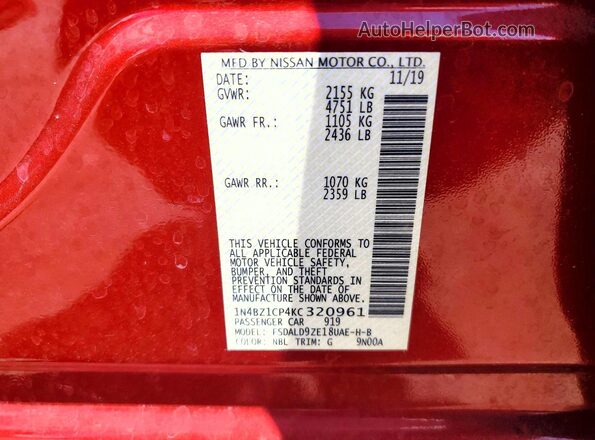 1N4BZ1CP4KC320961 2019 NISSAN LEAF Red Вид наклейки з VIN-кодом