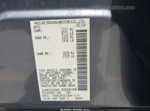 1N4BZ1CP6KC309038 2019 NISSAN LEAF Gray VIN կոդի պիտակի տեսք