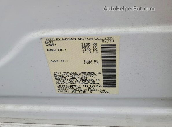 1N4BZ1DP0LC303624 2020 NISSAN LEAF White 