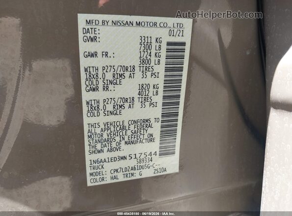 1N6AA1ED3MN517544 2021 NISSAN TITAN Brown Widok komory silnika