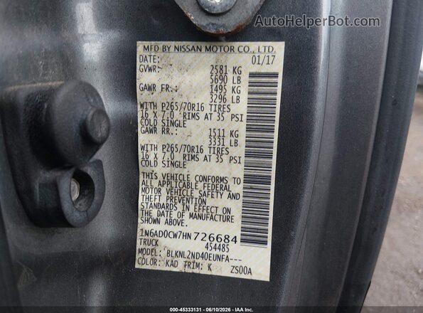 1N6AD0CW7HN726684 2017 NISSAN FRONTIER Gray ძრავის განყოფილების ხედი