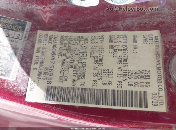 1N6AD0CW9KN756938 2019 NISSAN FRONTIER Red Vista del compartimento del motor