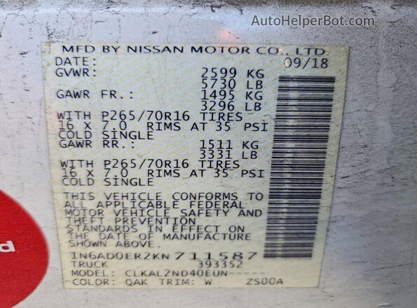 1N6AD0ER2KN711587 2019 NISSAN FRONTIER White Engine compartment view