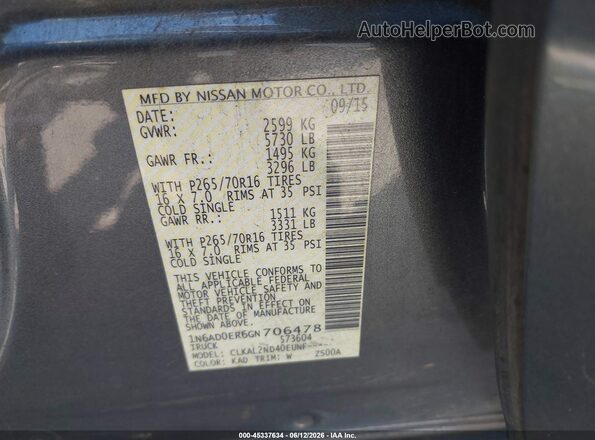 1N6AD0ER6GN706478 2016 NISSAN FRONTIER Серый Вид подкапотного пространства