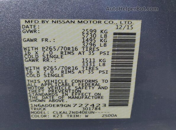 1N6AD0ER9GN727423 2016 NISSAN FRONTIER Silver 