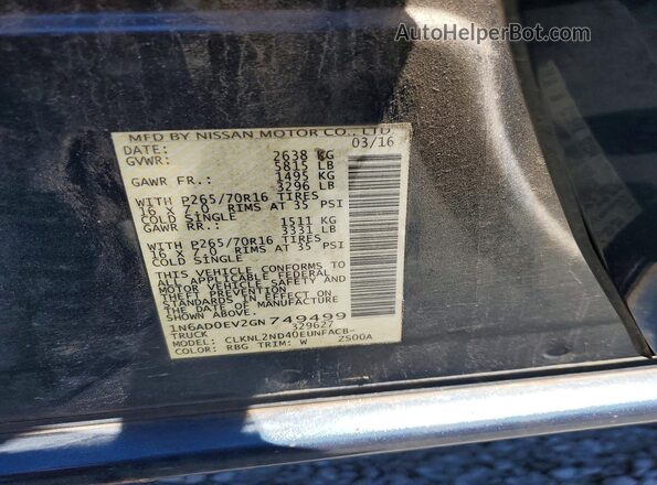 1N6AD0EV2GN749499 2016 NISSAN FRONTIER Blue Vista del compartimento del motor