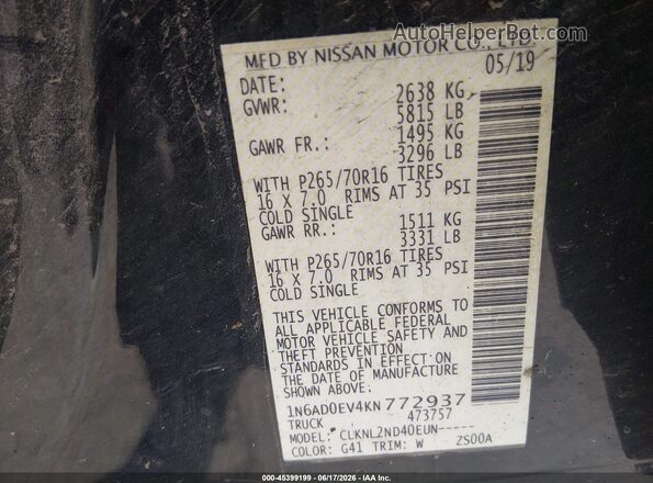 1N6AD0EV4KN772937 2019 NISSAN FRONTIER Black Вид підкапотного простору