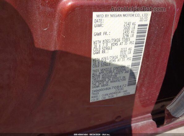 1N6AD0EV8GN708472 2016 NISSAN FRONTIER Maroon Շարժիչի բաժամունքի տեսք