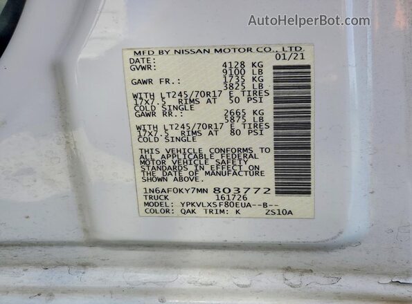 1N6AF0KY7MN803772 2021 NISSAN NV White 