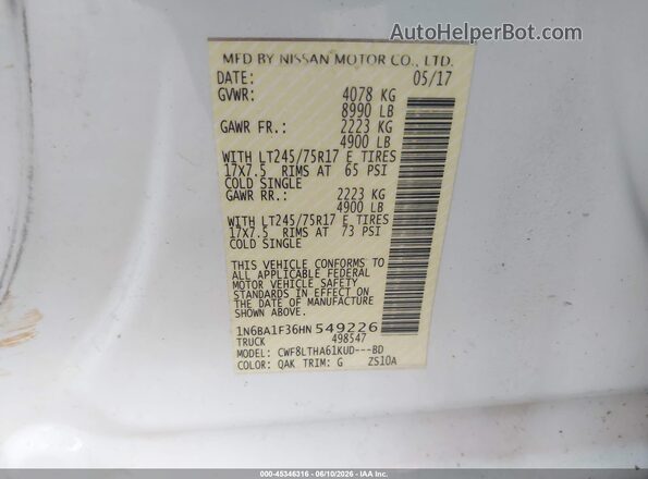 1N6BA1F36HN549226 2017 NISSAN TITAN XD White Widok komory silnika