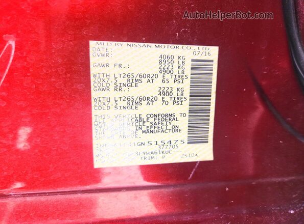 1N6BA1F41GN515475 2016 NISSAN TITAN Burgundy Vista del compartimento del motor