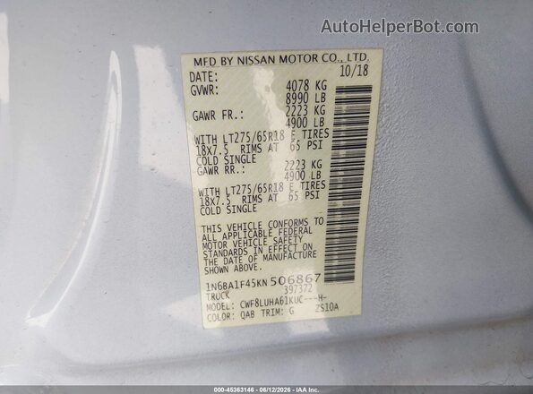 1N6BA1F45KN506867 2019 NISSAN TITAN XD White Շարժիչի բաժամունքի տեսք