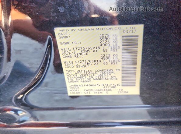 1N6BA1F46HN539756 2017 NISSAN TITAN Black Vista de la etiqueta del VIN