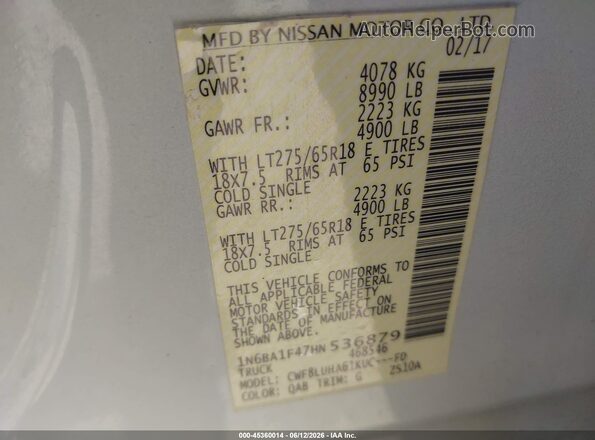 1N6BA1F47HN536879 2017 NISSAN TITAN XD Белый Вид подкапотного пространства