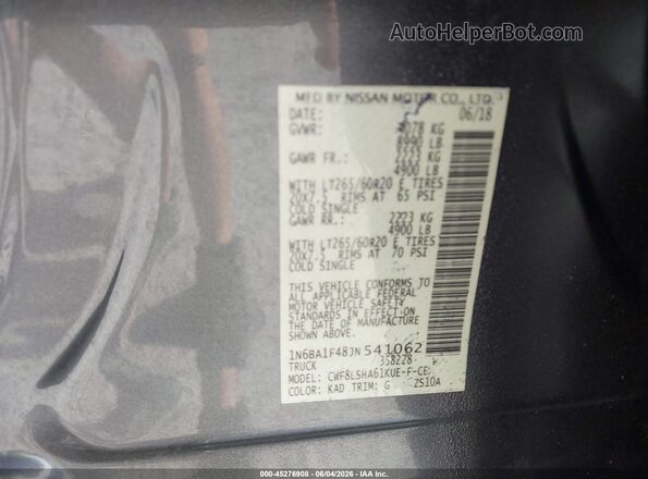 1N6BA1F48JN541062 2018 NISSAN TITAN XD Gray Vista del compartimento del motor