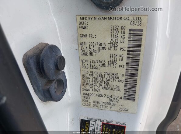 1N6BD0CT8KN704324 2019 NISSAN FRONTIER White Вид підкапотного простору