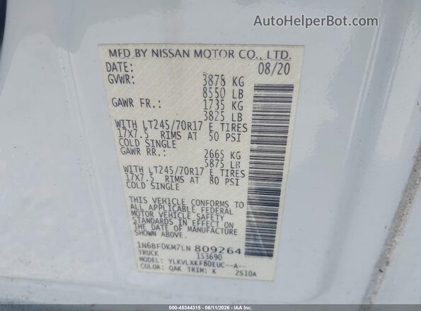 1N6BF0KM7LN809264 2020 NISSAN NV CARGO NV1500 White Vista del compartimento del motor