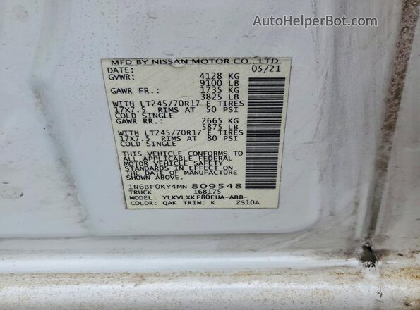 1N6BF0KY4MN809548 2021 NISSAN NV White VIN კოდის სტიკერის ხედი