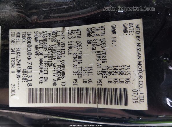 1N6DD0CU0KN781318 2019 NISSAN FRONTIER Black Widok komory silnika