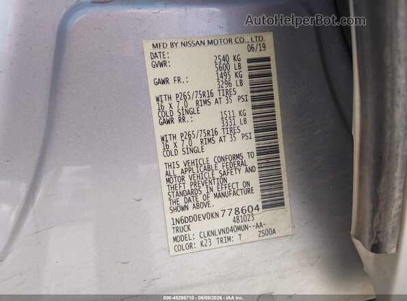 1N6DD0EV0KN778604 2019 NISSAN FRONTIER Silver Вид підкапотного простору