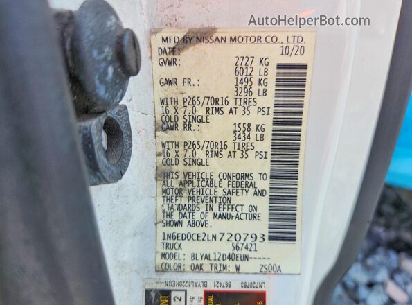 1N6ED0CE2LN720793 2020 NISSAN FRONTIER White VIN կոդի պիտակի տեսք