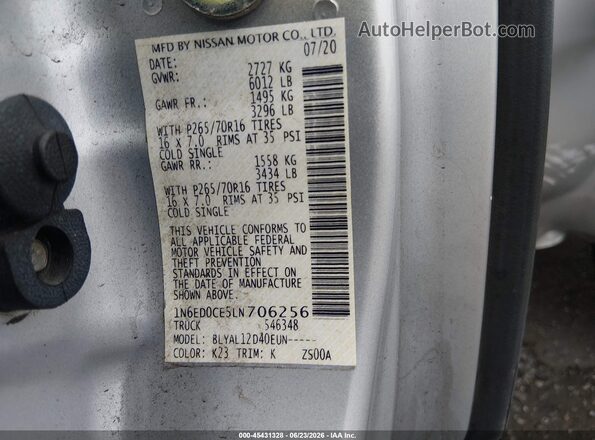 1N6ED0CE5LN706256 2020 NISSAN FRONTIER Silver Շարժիչի բաժամունքի տեսք