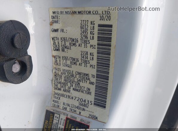 1N6ED0CE9LN720435 2020 NISSAN FRONTIER White 