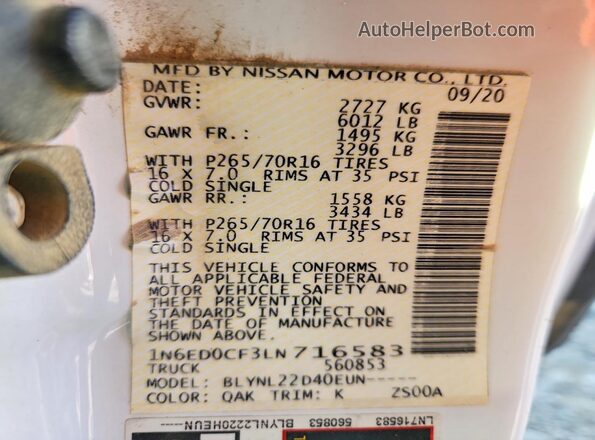 1N6ED0CF3LN716583 2020 NISSAN FRONTIER White Շարժիչի բաժամունքի տեսք