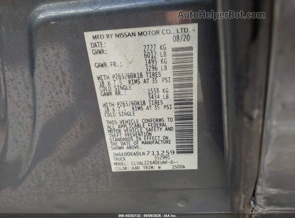 1N6ED0EA0LN711259 2020 NISSAN FRONTIER Gray ძრავის განყოფილების ხედი