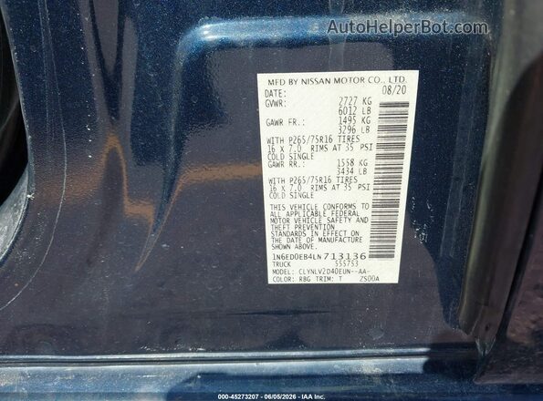 1N6ED0EB4LN713136 2020 NISSAN FRONTIER Blue Вид підкапотного простору