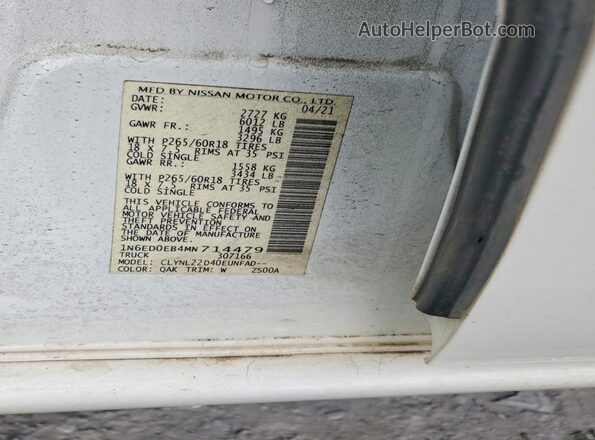 1N6ED0EB4MN714479 2021 NISSAN FRONTIER White VIN կոդի պիտակի տեսք