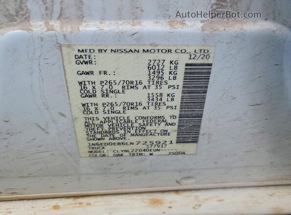 1N6ED0EB6LN725921 2020 NISSAN FRONTIER White 