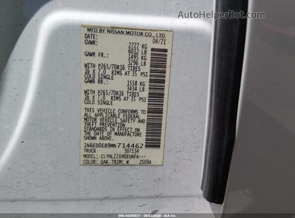 1N6ED0EB9MN714462 2021 NISSAN FRONTIER White Շարժիչի բաժամունքի տեսք