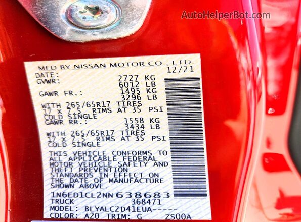 1N6ED1CL2NN638683 2022 NISSAN FRONTIER Красный Вид наклейки с VIN-кодом