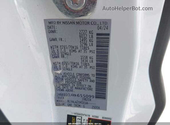 1N6ED1CL4RN655099 2024 NISSAN FRONTIER White Շարժիչի բաժամունքի տեսք