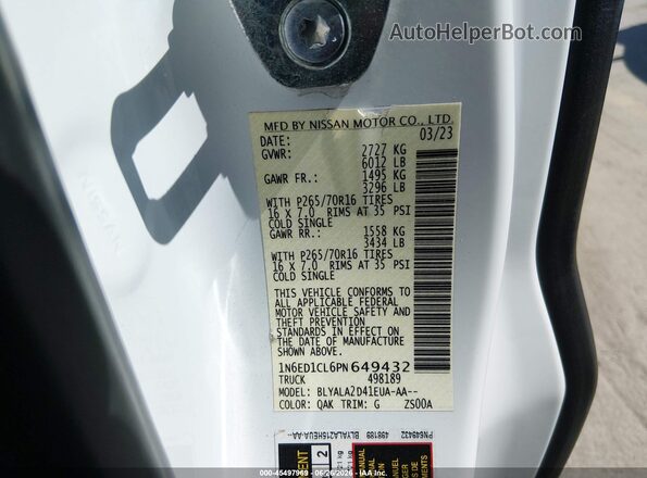 1N6ED1CL6PN649432 2023 NISSAN FRONTIER Белый Вид подкапотного пространства