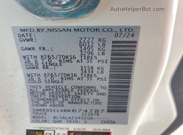 1N6ED1CLXRN674787 2024 NISSAN FRONTIER White Widok komory silnika
