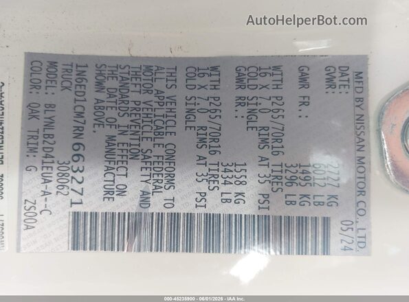 1N6ED1CM7RN663271 2024 NISSAN FRONTIER White Вид підкапотного простору