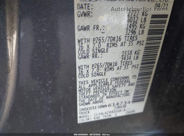 1N6ED1EJ0NN614734 2022 NISSAN FRONTIER Gray Շարժիչի բաժամունքի տեսք